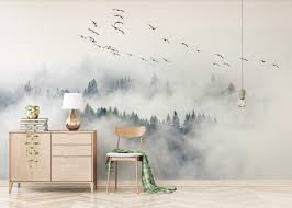 Fototapete 3d Tapete Skandinavische Vogel Und Kiefern Wolken Und Nebel Wand Im Hintergrund 3d Effekt Vliestapete Wandbilder Tapeten Wandbild Wand Fototapete