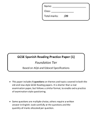 Gcse Spanish 1 Short Foundation Reading Paper And Answers Reading Practice Spanish Reading Gcse