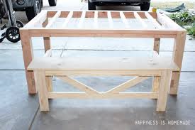 This diy truss beam farmhouse style outdoor table and benches are perfect for dining and entertaining on a deck or patio! Diy Farmhouse Table Bench Happiness Is Homemade