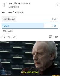 Reddit gives you the best of the internet in one place. Mors Mutual Insurance 2 Days Ago Mam You Have 1 Choice World Peace Gta6 168k Votes Love Democracy