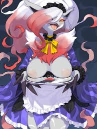 kame (3t), hisuian zoroark, zoroark, creatures (company), game freak,  nintendo, pokemon, absurdres, highres, 1girl, apron, breasts, claws, fangs,  furry, furry female, gen 5 pokemon, grey fur, long hair, maid, maid apron,  maid