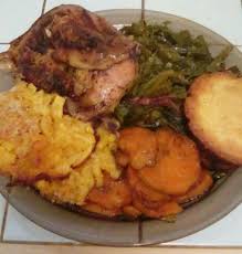 Jamaican Jerk Chicken Mixed Greens Candied Yams Breaded Crusted Macaroni And Cheese Corn Bread Soul Food Jamaican Jerk Chicken Cooking Recipes