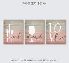 Kitchen Wall Art Print Set Eat Drink Love Utensils Wine Pink Etsy Kitchen Wall Art Art Print Set Kitchen Decor Wall Art