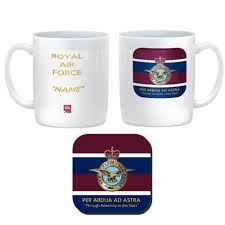 Customised ROYAL AIR FORCE RAF Ceramic Mug & Coaster with image of  badge/motto