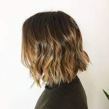 Choppy Blunt Bob Balayage Caramel Highlights With A Textured Wave Finish Blunt Bob Brunette Balayage Hair Bob Short Hair Balayage