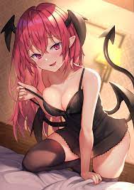 wowoguni, koakuma, touhou, commentary request, highres, 1girl, babydoll,  bare shoulders, bat wings, bedroom, black thighhighs, blush, breasts,  collarbone, crossed bangs, demon girl, fang, head wings, lingerie, long  hair, medium breasts, naughty face,