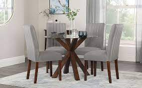 Each table has unique markings, shapes and angles based on the live. Hatton Round Walnut And Glass Dining Table With 4 Salisbury Grey Velvet Chairs Furniture And Choice