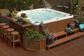 Cool Hot Tub Surround With Narrow Outdoor Bar Table Idea Feat Wood Greenery Bed Design Plus Comfortable S Hot Tub Backyard Hot Tub Surround Hot Tub Landscaping