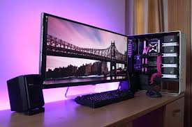 This desk was favored over a full size wooden one to match the small table on the left showing my printer, which was also in the rv and was from a former metal/glass desk in the house. Battlestation Computer Desk Setup Gaming Computer Desk Pc Gaming Desk