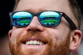 A Rangers fans sunglasses reflects the Sandy Jardine Stand during the  Scottish Premiership match at