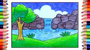 How to draw a waterfall really easy drawing tutorial. How To Draw Easy Scenery For Beginners Waterfall Scenery Drawing With Pencil Colour Youtube