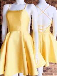 Custom Made Yellow Spaghetti Straps Short Satin Homecoming Dress Short Backless School Satin Homecoming Dress Homecoming Dresses Short Backless Prom Dresses