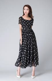 Black And White Polka Dot Chiffon Fabric Polka Dot Dress Short Sleeves Dress Party Dress 1515 Short Sleeve Dresses Summer Dresses Party Dress