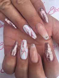 One of the accent nails is white with a beautiful embellishment. 34 Beautiful Acrylic Nail Designs Ideas 99outfit Com Rose Gold Nails Glitter Gold Glitter Nails Rose Gold Nails