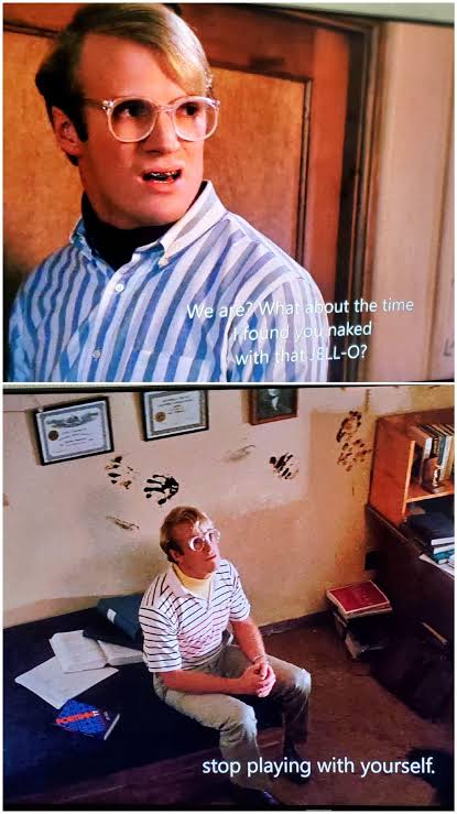 In the movie " Real Genius" 1985, Kent shown above is constantly defending  himself against claims of using Jello to pleasure himself. Later in the  movie we see him sitting on his