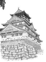 Osaka castle flat design landmark. Perspective Drawing Japan