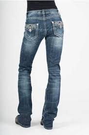 womens jeans blue flap back with floral emb deco flap