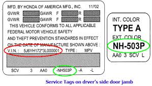 honda service tag vin exterior vehicle color bernardi parts