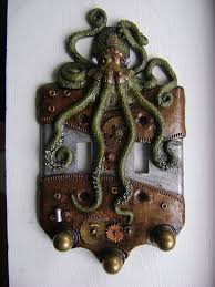 Green Steampunk Octopus Double Light Switch Cover Key Chain Holders Animal Wall Art Sculpture Wall Dec Wall Sculpture Art Steampunk Octopus Steampunk Bathroom