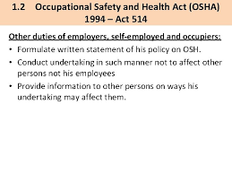 Kuala lumpur, nov 2 — amendments to the occupational safety and health (osh) act 1994 which, among others, aims at extending the application the amendments also to increase penalties on employers who fail to ensure the safety, health and welfare of employees at the workplace. Occupational Safety And Health Bwu 10302 Chapter 1