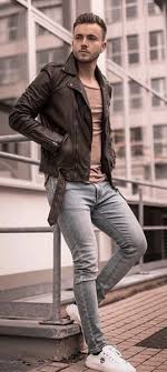 Fall Combo Inspiration With A Brown Leather Jacket Tonal T Shirt Gray Denim White Shoes Leather Jacket Outfit Men Leather Jacket Men Style Dapper Mens Fashion