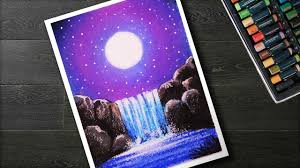 How To Draw Moonlight Waterfall Scenery With Oil Pastels Step By Step Oil Pastel Art Oil Pastel Drawings Easy Oil Pastel Colours