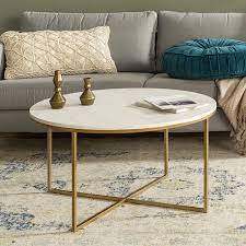Low round marble coffee table designed by gordon guillaumier collection cage $937.98. Walker Edison Cora Modern Round Faux Marble Top Coffee Table With X Base 36 Inch White Faux Marble And Gold Amazon Ca Home