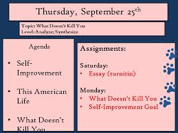 As a student, you'll also write essays in your courses. Thursday September 25 Th Agenda Self Improvement This American Life What Doesn T Kill You Assignments Saturday Essay Turnitin Monday What Doesn T Ppt Download