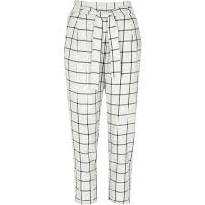 Black And White Pants Womens River Island White Check Tie Waist Tapered Pants 245 Brl Liked On Polyvore Featuring Pants Taper Trousers Pattern Printed Pants Outfits Checkered Trousers