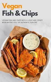 A Vegan Fish And Chips Recipe With A Light And Crispy Beer Batter And Delicious Baked Chips Authentic Vegan Fish And Chips Vegan Fish Vegetarian Vegan Recipes