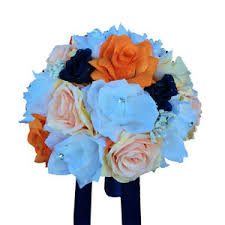 Find realistic artificial flowers and flower bouquets here at efavormart. 10 Wedding Bouquet Orange Navy Blue Peach And White Artificial Roses Ebay