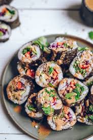 Veggie Rainbow Sushi Rolls With Tamari Almond Butter Sauce Recipe Veggie Sushi Sushi Roll Recipes Vegetarian Sushi