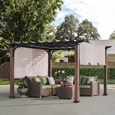 Sunjoy 9 Ft X 9 Ft Square Steel Mason Pergola With Adjustable Beige Cover 110105005 The Home Depot Outdoor Pergola Steel Pergola Metal Pergola