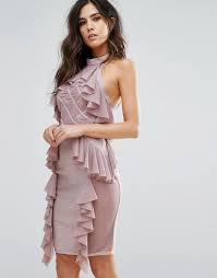 Wow Couture Diamond Mesh Bandage Dress With Ruffle Detail Pink Wow Couture Pink Bandage Dress Maxi Dress Prom