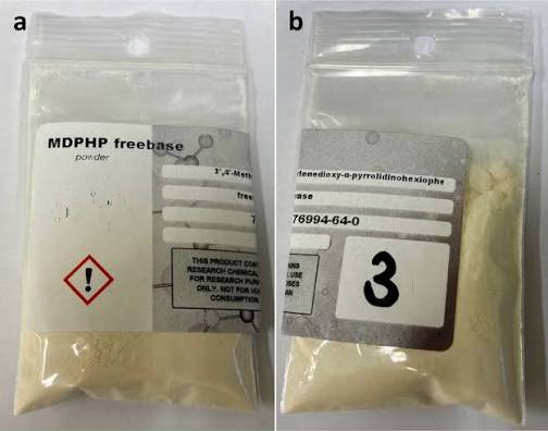 Pictures of the package with the yellowish powder labeled as 'MDPHP... | Download Scientific Diagram