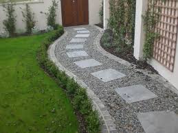 Square Paving Stones In A Curving Gravel Path By A Lawn Amazing Landscaping Ideas Backyard Landscaping Pathway Landscaping