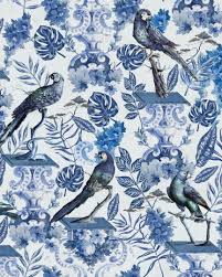 La Voliere Wallpaper In Indigo And White From The Wallpaper Compendium In 2020 Blue And White Wallpaper Parrot Wallpaper Bird Wallpaper