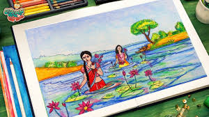 How To Draw Village Children Collecting Waterlily Scenery Drawing Tuto Indian Art Paintings Easy Animal Drawings Art Drawings For Kids