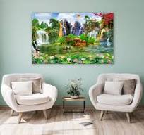 Encadré-Peinture sur toile de style chinois - Paysage Tableau Sur  Toile-Peinture À L'huile Abstraite-Poisson joyeux cascade Affiches et  Impressions ...