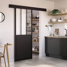 Commentregler amortiseur rail galandage le roy merlin. Porte Coulissante Atelier Noir Verre Clair H 204 X L 63 Cm Leroy Merlin