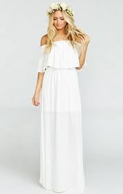 Her Pretty Ruffle Is Flattering On Everyone And Her Elastic Scrunch Neck Line Will Al White Bridal Shower Dress Bridesmaid Dresses Boho Shower Dress For Bride