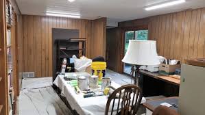 transitioning wood paneling and kitchen