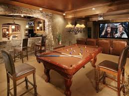 Open Concept Basement Bar Pool Table And Theater Room All Together Rustic Man Cave Man Cave Design Man Cave Home Bar