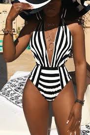 Black And White One Piece Swimsuit Fashion Striped Printed Black Bikini Swimwear Swimwear Outfit Striped Swimwear One Piece