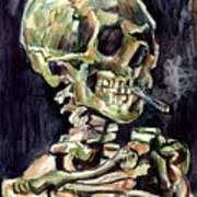 Find a print of this oil on canvas painting. Skull Of A Skeleton With Burning Cigarette Poster By Suzann Sines