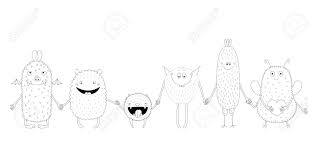 Your kids will increase their vocabulary by learning about different anima. Hand Drawn Black And White Vector Illustration Of Of Cute Funny Monsters Smiling And Holding Hands Isolated Objects Design Concept For Children Coloring Pages Royalty Free Cliparts Vectors And Stock Illustration Image