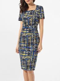 Feibushi Elegant Women Summer Charming Print Square Neck Plaid Dress Work Business Casual Bodycon Pen Sheath Pencil Dress Bodycon Dress Casual Dresses For Work