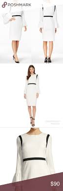 Nwt Calvin Klein Bell Sleeve Dress Beautiful Winter White Calvin Klein Bell Sleeve Dress With Black Accents Sheath Silhouette S Long Sleeve Vintage Dresses Fashion Design Fashion