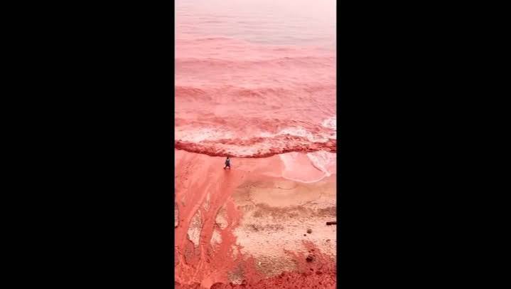 Rain and iron-rich soil turn beach on Iran's Hormuz island and sea into  deep shade of red