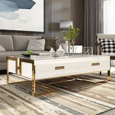 Jocise Contemporary White Black Rectangular Storage Coffee Table With Drawers Lacquer Gold Base Table Decor Living Room Coffee Table With Drawers Living Room Coffee Table